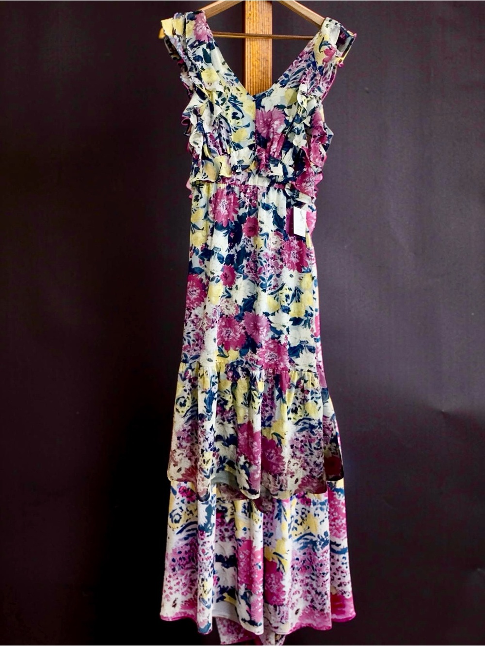 LC Lauren Conrad Floral High-Low Ruffle top Dress,2 tier in Yellow, fuchsia,Blue